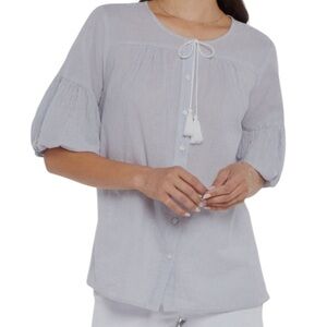 NYDJ Blue Stripe Boho Short-Sleeve Sz Large Lawn Striped Blouse Tassel Tie